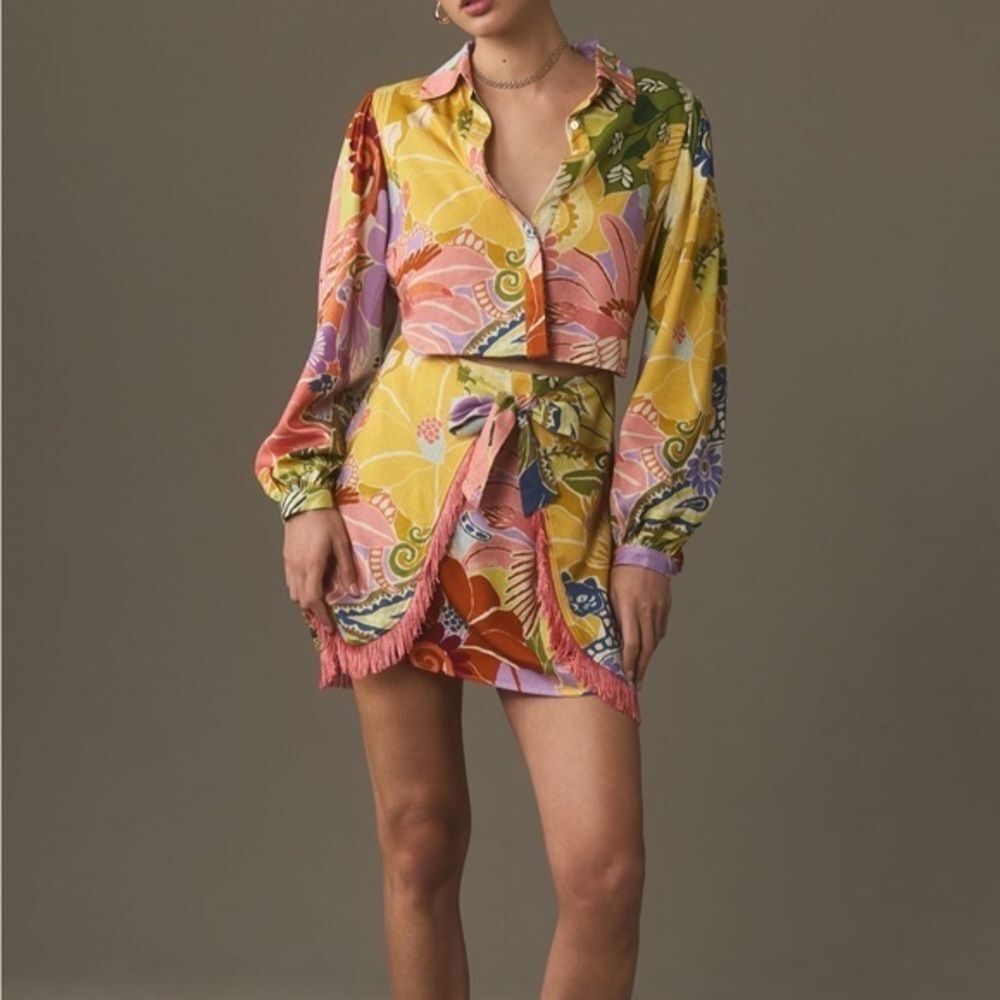 Farm Rio x Anthropologie floral cat Fringe Tie-Front Mini Dress size Large